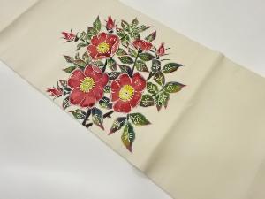 作家物　塩瀬手描き花葉模様開き名古屋帯（額縁仕立て）